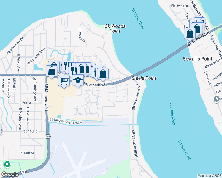 map of restaurants, bars, coffee shops, grocery stores, and more near 2750 Southeast Ocean Boulevard in Stuart