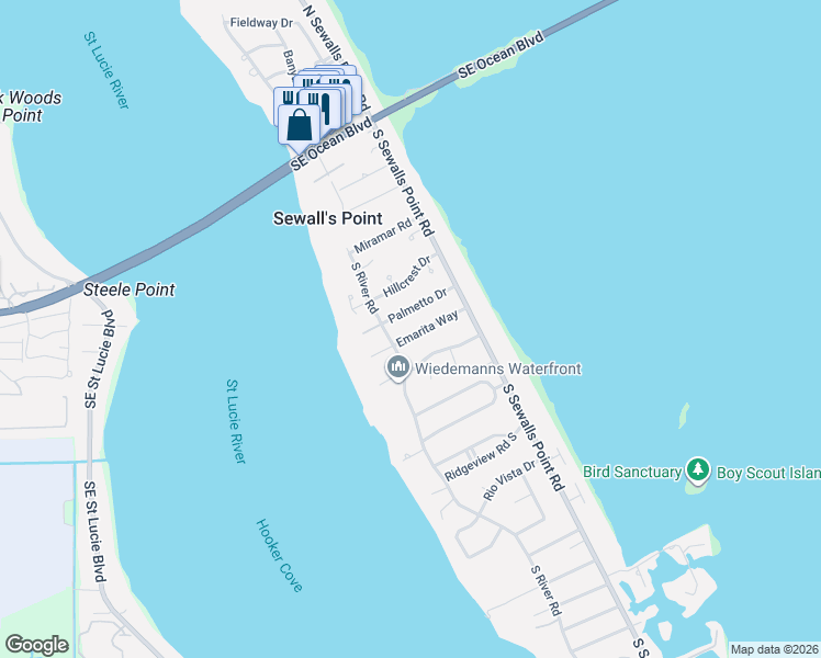 map of restaurants, bars, coffee shops, grocery stores, and more near 17 Emarita Way in Stuart