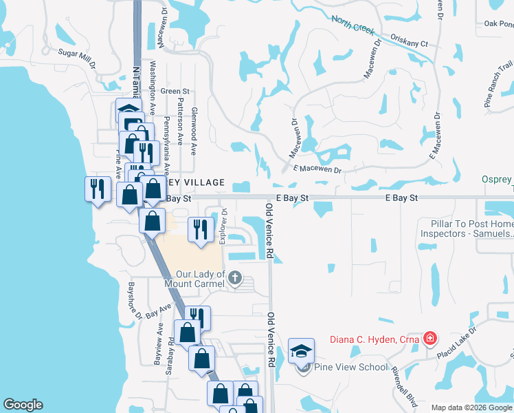 map of restaurants, bars, coffee shops, grocery stores, and more near 4244 Expedition Way in Osprey