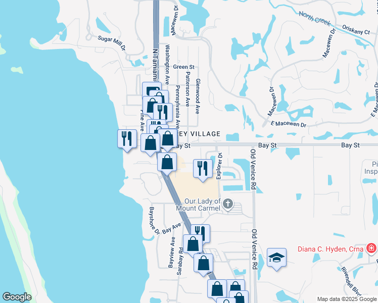 map of restaurants, bars, coffee shops, grocery stores, and more near 174 East Bay Street in Osprey