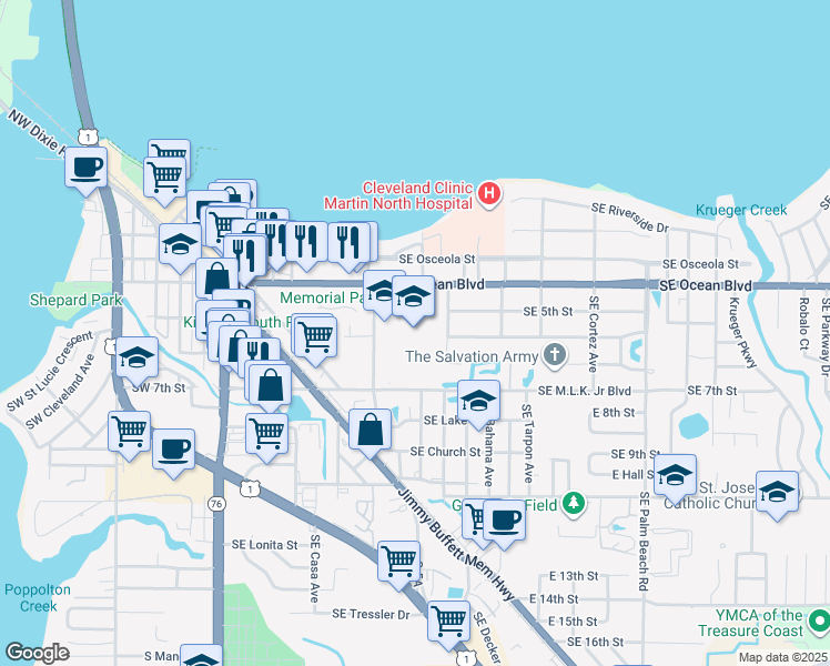 map of restaurants, bars, coffee shops, grocery stores, and more near 500 Southeast Ocean Boulevard in Stuart