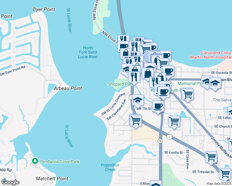 map of restaurants, bars, coffee shops, grocery stores, and more near 556 Southwest Saint Lucie Crescent in Stuart