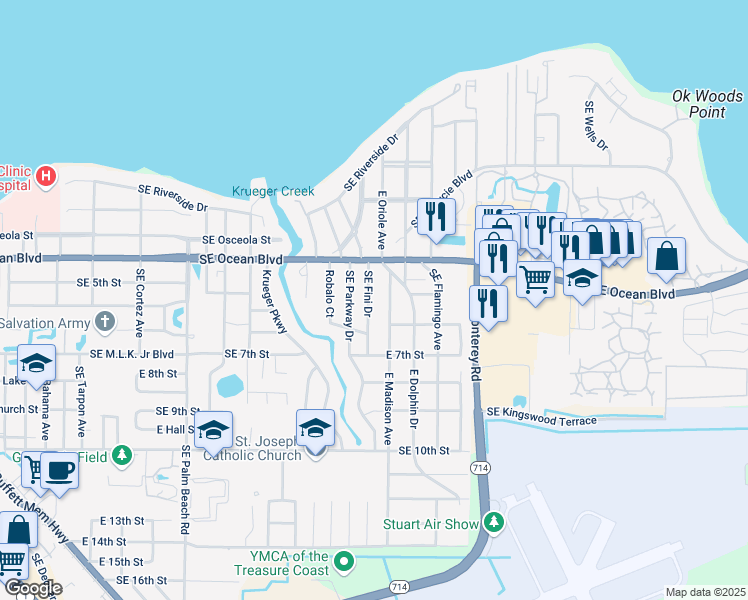 map of restaurants, bars, coffee shops, grocery stores, and more near 414 Southeast Fini Drive in Stuart
