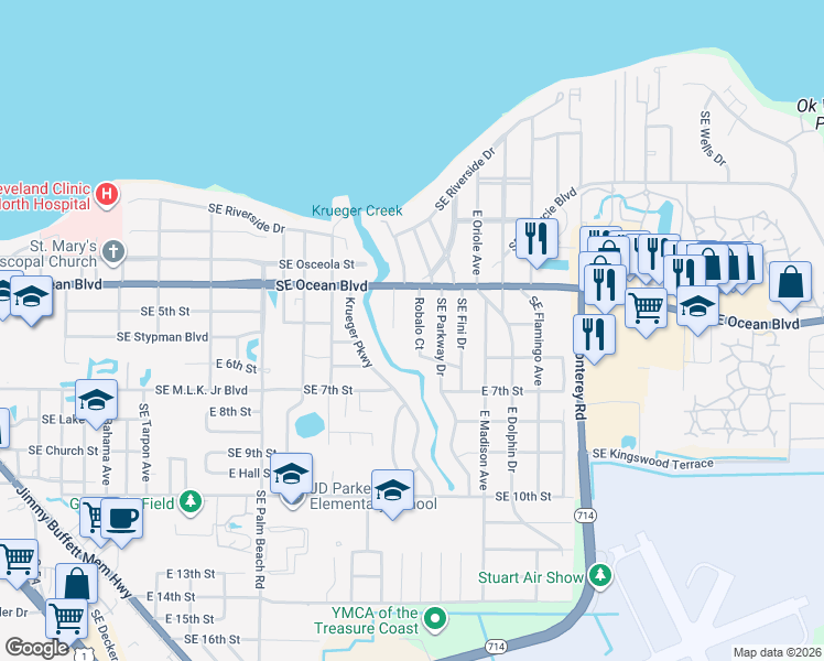 map of restaurants, bars, coffee shops, grocery stores, and more near 414 Robalo Court in Stuart