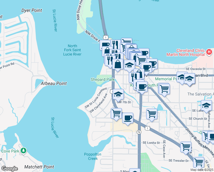 map of restaurants, bars, coffee shops, grocery stores, and more near 420 Southwest Federal Highway in Stuart