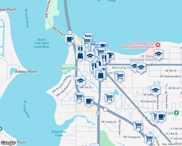 map of restaurants, bars, coffee shops, grocery stores, and more near 429 Southwest California Avenue in Stuart