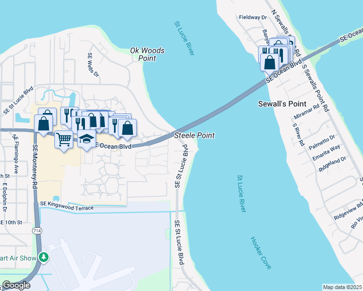 map of restaurants, bars, coffee shops, grocery stores, and more near 682 Southeast Saint Lucie Boulevard in Stuart