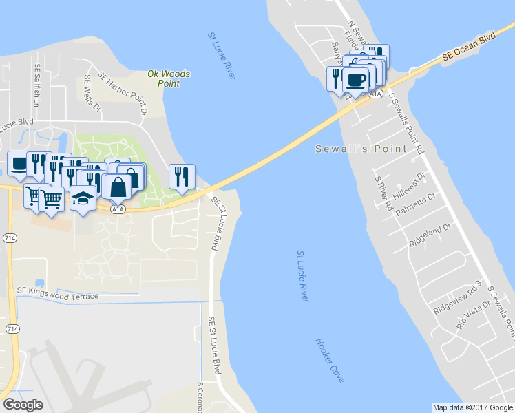 map of restaurants, bars, coffee shops, grocery stores, and more near 3601 Southeast Ocean Boulevard in Sewall's Point