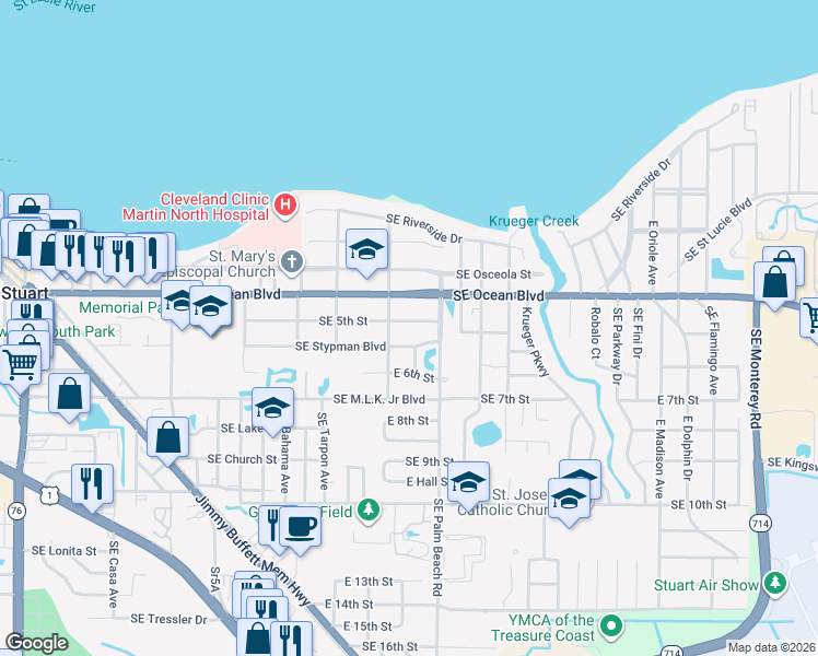 map of restaurants, bars, coffee shops, grocery stores, and more near 912 Southeast 5th Street in Stuart
