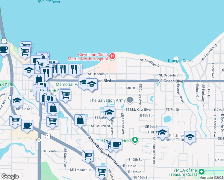 map of restaurants, bars, coffee shops, grocery stores, and more near 636 Southeast 5th Street in Stuart