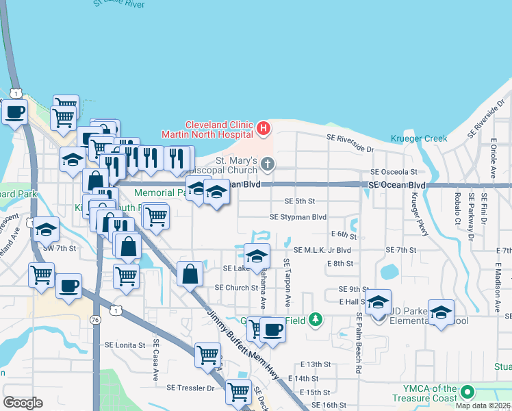 map of restaurants, bars, coffee shops, grocery stores, and more near 636 Southeast 5th Street in Stuart