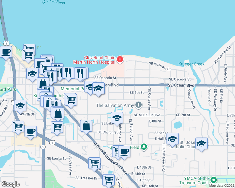map of restaurants, bars, coffee shops, grocery stores, and more near 636 Southeast 5th Street in Stuart
