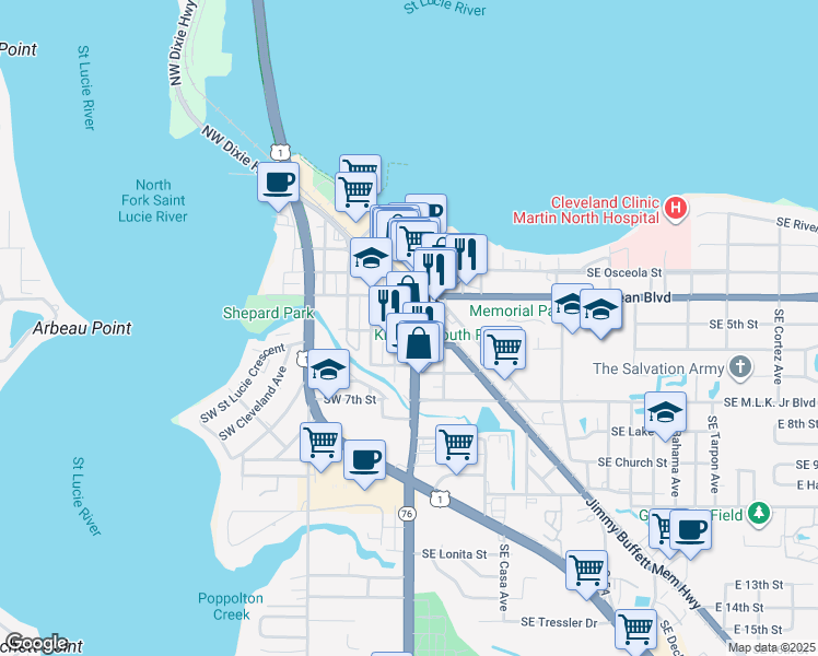 map of restaurants, bars, coffee shops, grocery stores, and more near 430 South Colorado Avenue in Stuart