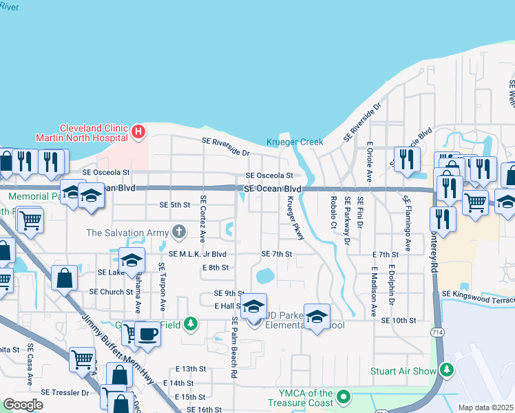 map of restaurants, bars, coffee shops, grocery stores, and more near 420 Southeast Hibiscus Avenue in Stuart