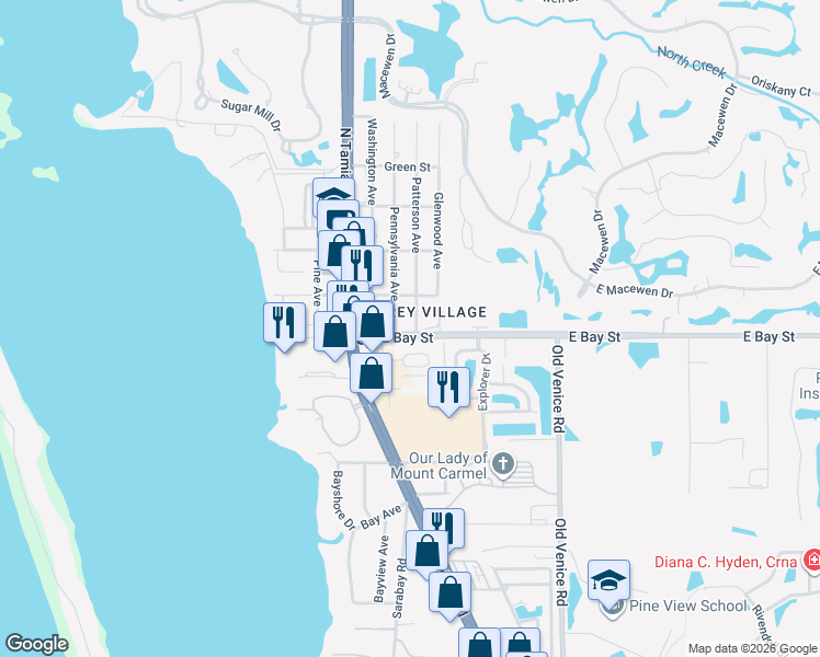 map of restaurants, bars, coffee shops, grocery stores, and more near 125 Bay Street in Osprey