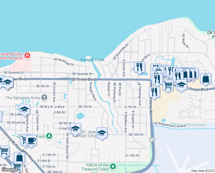 map of restaurants, bars, coffee shops, grocery stores, and more near 414 Robalo Court in Stuart