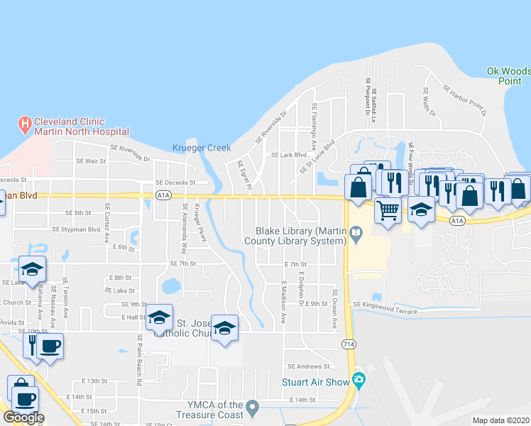 map of restaurants, bars, coffee shops, grocery stores, and more near 414 Southeast Fini Drive in Stuart