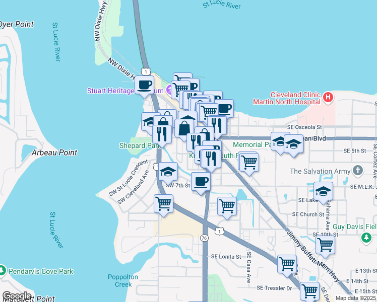 map of restaurants, bars, coffee shops, grocery stores, and more near 429 Southwest California Avenue in Stuart