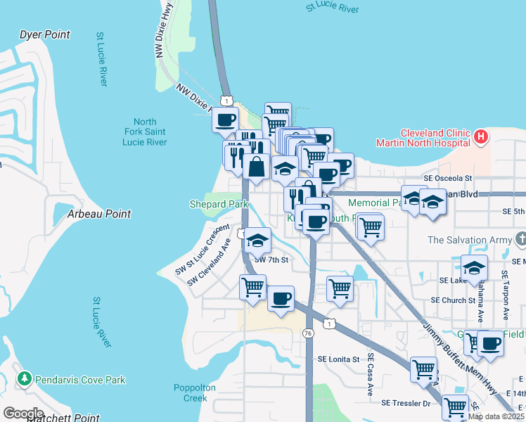 map of restaurants, bars, coffee shops, grocery stores, and more near 428 Southwest Akron Avenue in Stuart