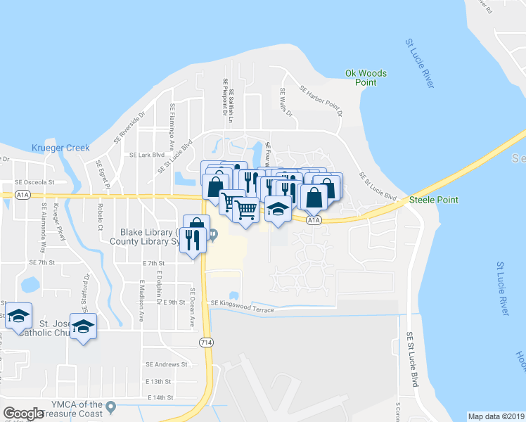 map of restaurants, bars, coffee shops, grocery stores, and more near 2370 Southeast Ocean Boulevard in Stuart