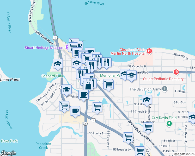 map of restaurants, bars, coffee shops, grocery stores, and more near 500 Southeast Flagler Avenue in Stuart