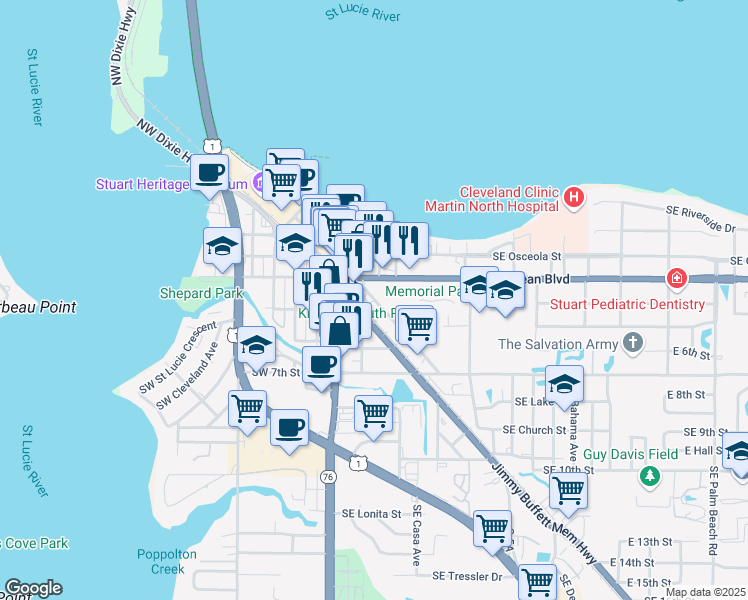 map of restaurants, bars, coffee shops, grocery stores, and more near 500 Southeast Flagler Avenue in Stuart