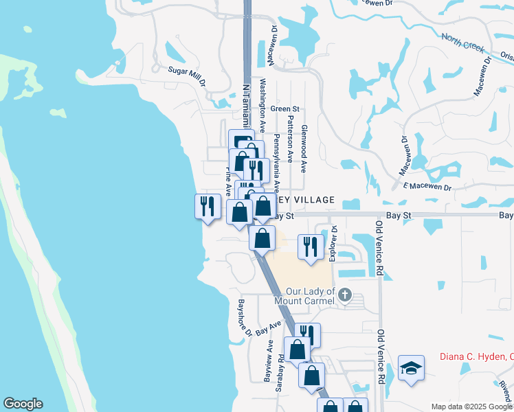 map of restaurants, bars, coffee shops, grocery stores, and more near 10 North Tamiami Trail in Osprey