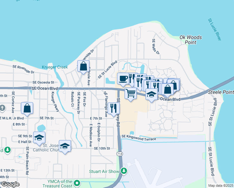 map of restaurants, bars, coffee shops, grocery stores, and more near 2096 Southeast Ocean Boulevard in Stuart