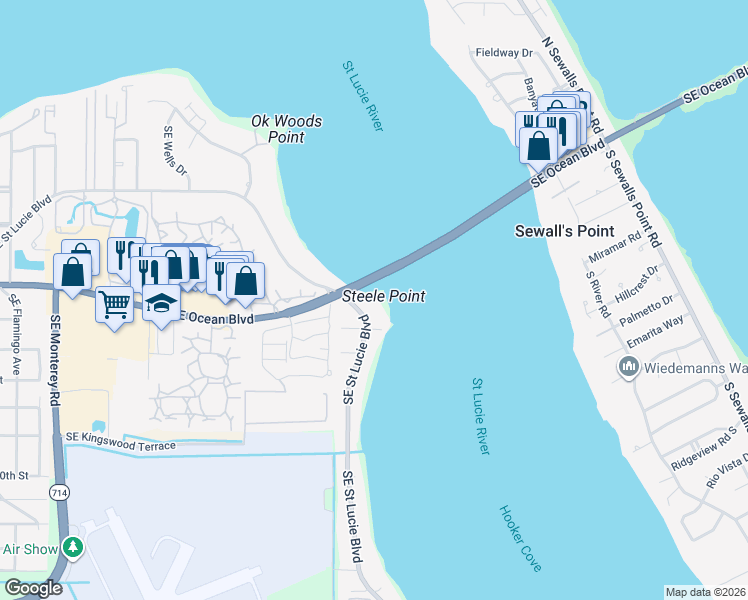 map of restaurants, bars, coffee shops, grocery stores, and more near 682 Southeast Saint Lucie Boulevard in Stuart
