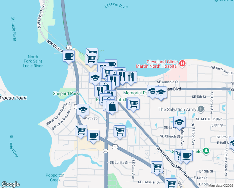 map of restaurants, bars, coffee shops, grocery stores, and more near 416 Southeast Flagler Avenue in Stuart