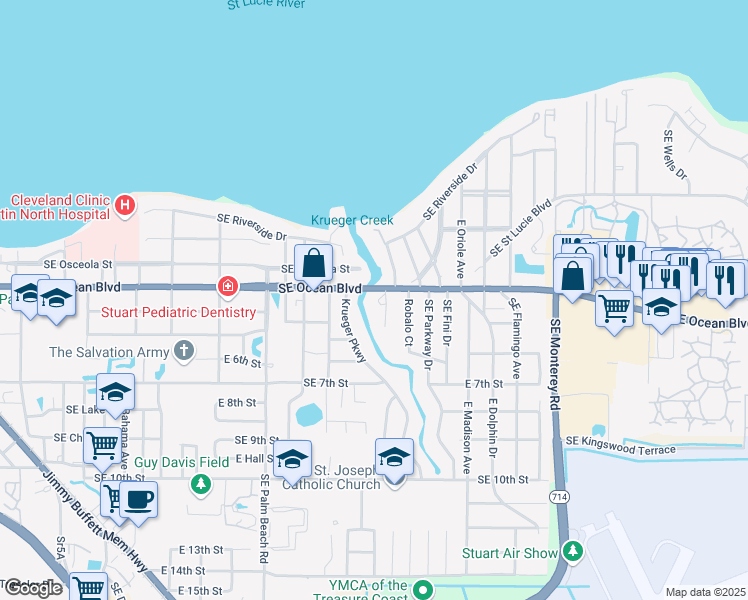 map of restaurants, bars, coffee shops, grocery stores, and more near 1170 Southeast Ocean Boulevard in Stuart