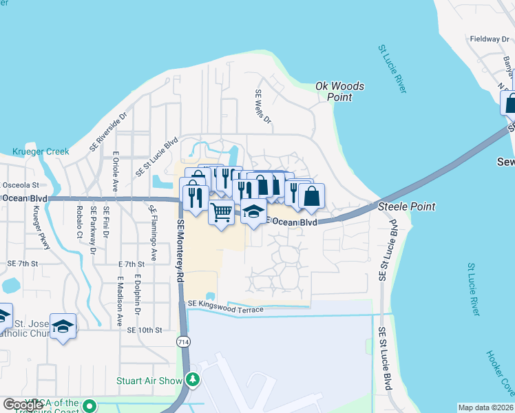 map of restaurants, bars, coffee shops, grocery stores, and more near 2449 Southeast Ocean Boulevard in Stuart