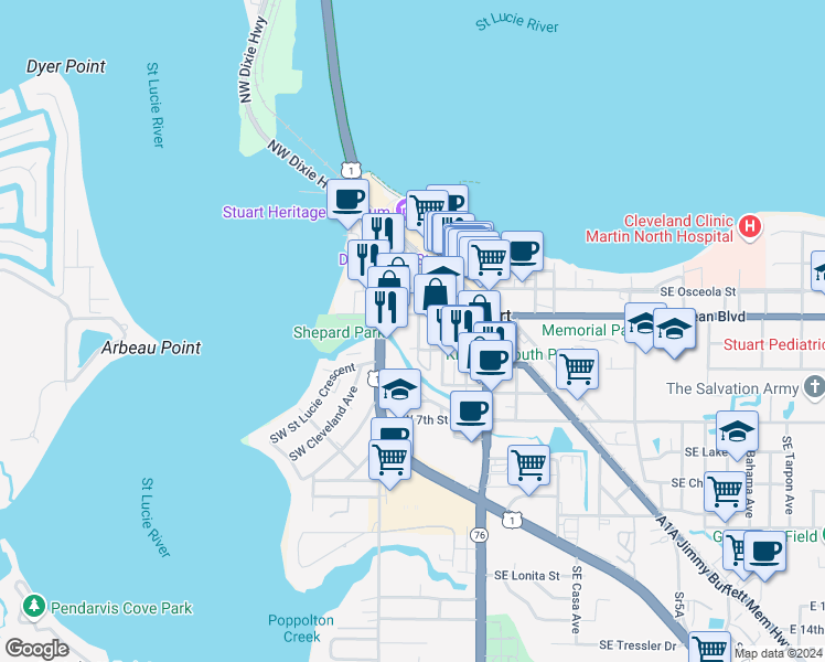 map of restaurants, bars, coffee shops, grocery stores, and more near 428 Southwest Akron Avenue in Stuart