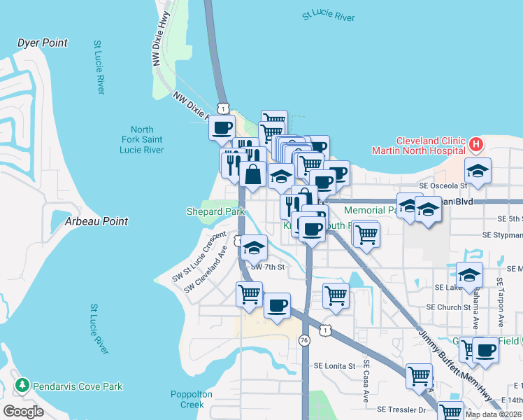 map of restaurants, bars, coffee shops, grocery stores, and more near 428 Southwest Akron Avenue in Stuart
