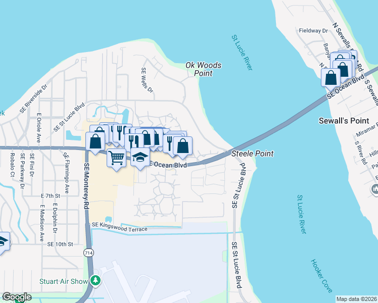 map of restaurants, bars, coffee shops, grocery stores, and more near 2929 Southeast Ocean Boulevard in Stuart