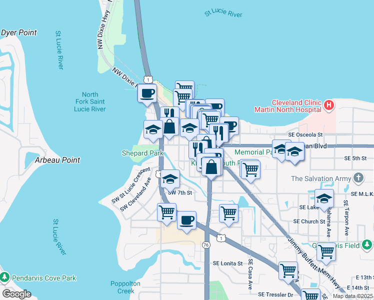 map of restaurants, bars, coffee shops, grocery stores, and more near 429 Southwest California Avenue in Stuart