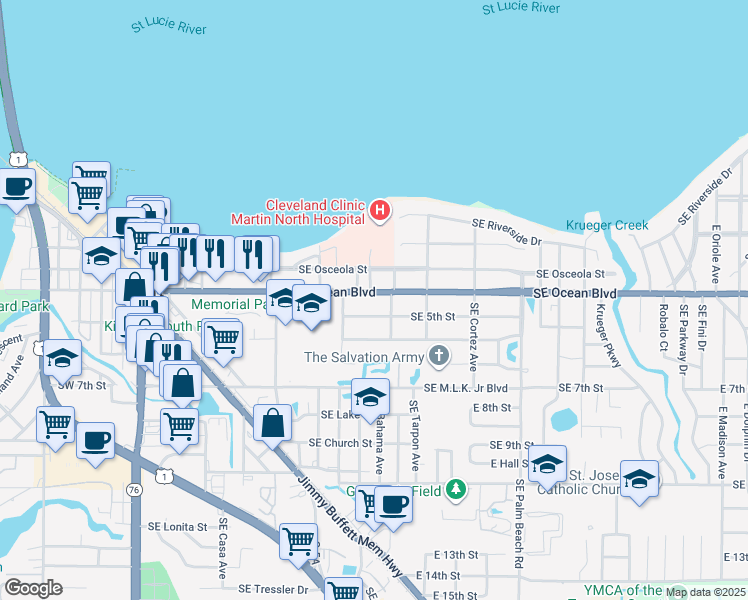 map of restaurants, bars, coffee shops, grocery stores, and more near 636 Southeast 5th Street in Stuart