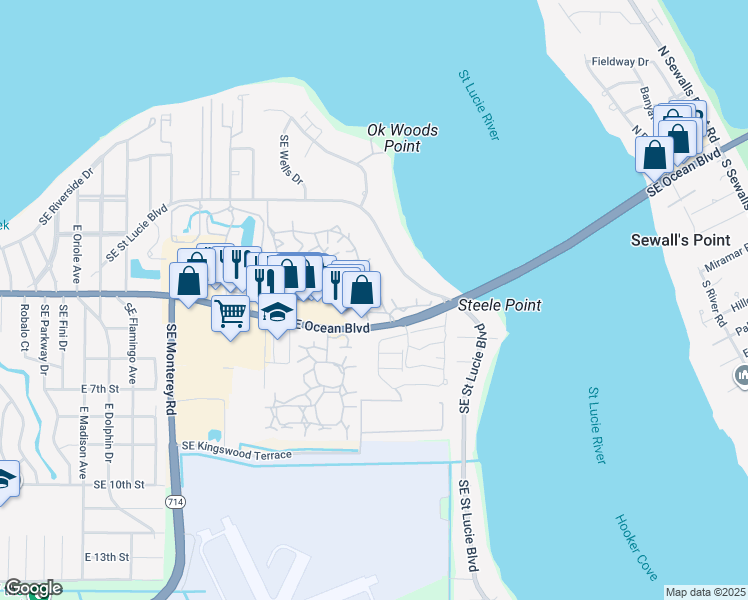 map of restaurants, bars, coffee shops, grocery stores, and more near 2929 Southeast Ocean Boulevard in Stuart