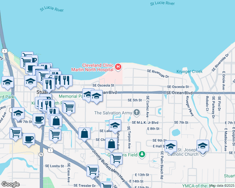 map of restaurants, bars, coffee shops, grocery stores, and more near 623 Southeast Ocean Boulevard in Stuart