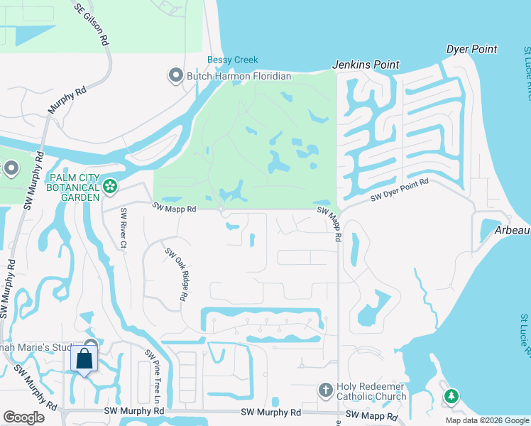 map of restaurants, bars, coffee shops, grocery stores, and more near Southwest Palm Cove Drive in Palm City