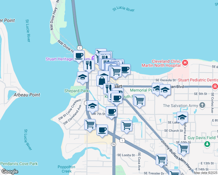 map of restaurants, bars, coffee shops, grocery stores, and more near 28 Southwest California Avenue in Stuart