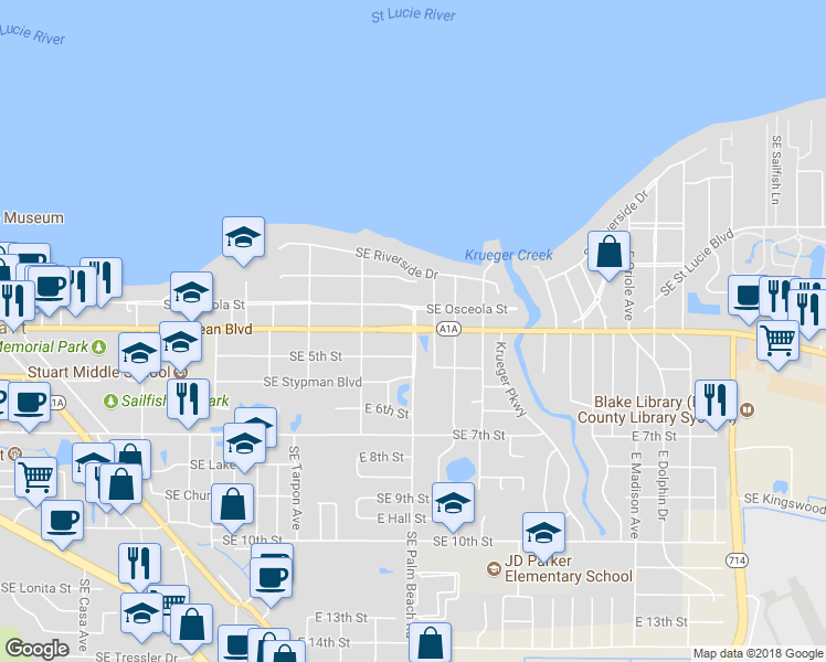 map of restaurants, bars, coffee shops, grocery stores, and more near SE Ocean Blvd & SE Palm Beach Rd in Stuart