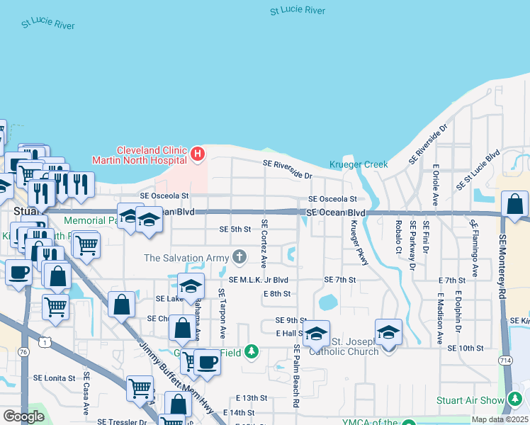 map of restaurants, bars, coffee shops, grocery stores, and more near Florida A1A & SE Cortez Ave in Stuart
