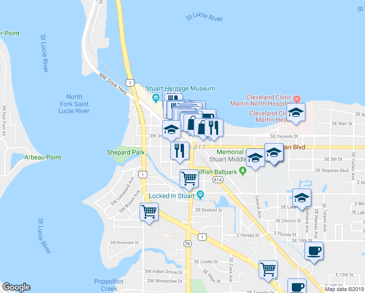map of restaurants, bars, coffee shops, grocery stores, and more near Southwest Ocean Boulevard & Southwest Camden Avenue in Stuart