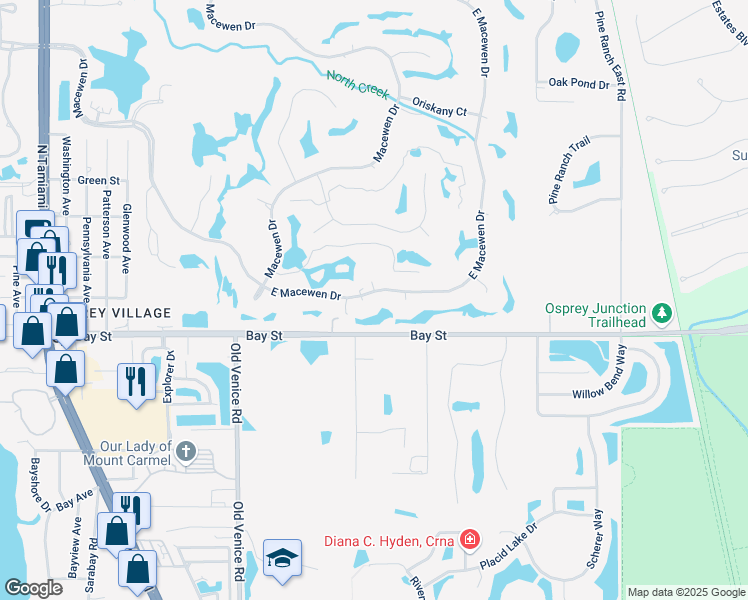 map of restaurants, bars, coffee shops, grocery stores, and more near 420 East Macewen Drive in Osprey