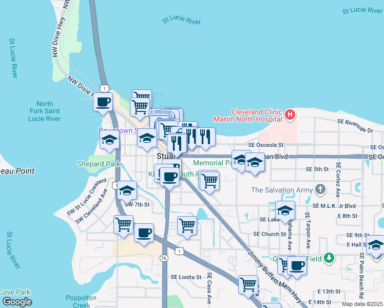 map of restaurants, bars, coffee shops, grocery stores, and more near 34 Southeast Osceola Street in Stuart