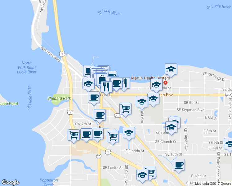 map of restaurants, bars, coffee shops, grocery stores, and more near 34 Southeast Osceola Street in Stuart