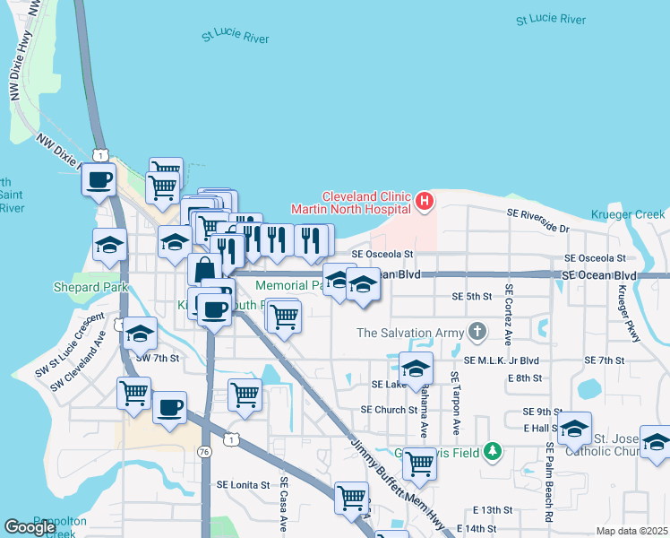 map of restaurants, bars, coffee shops, grocery stores, and more near 400 Southeast Osceola Street in Stuart