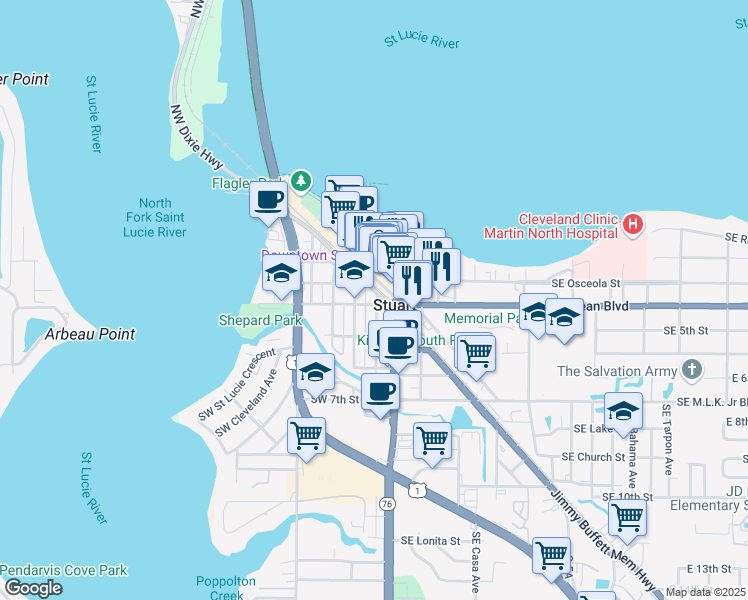 map of restaurants, bars, coffee shops, grocery stores, and more near in Stuart
