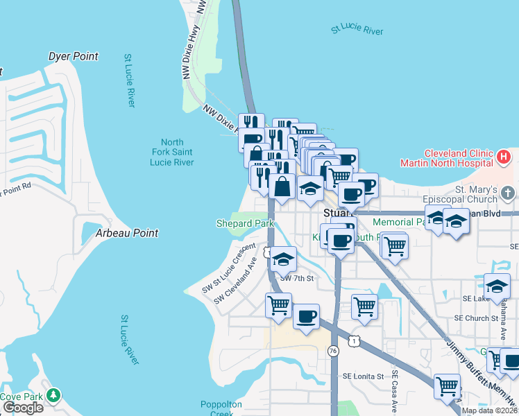 map of restaurants, bars, coffee shops, grocery stores, and more near 300 Southwest Federal Highway in Stuart